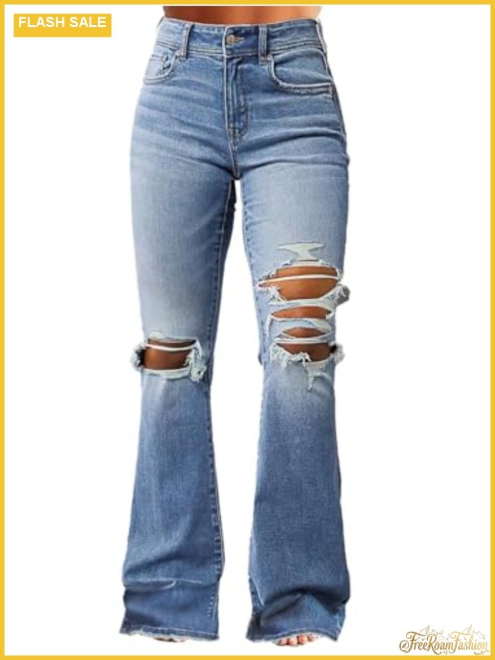 Mid Rise Flare Jeans Ripped Distressed Bootcut Stretch Denim